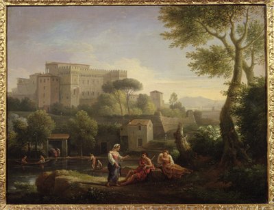 Paisaje con figuras y una fortaleza junto a un río de Jan Frans van Bloemen